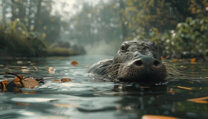 Platypus swimming in a calm river, animal, unique and fascinating