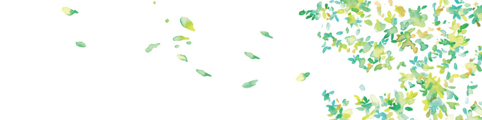  水彩画。水彩タッチの新緑ベクター背景。葉っぱが風に舞う新緑風景。緑の森とエコのイメージ。Watercolor painting. Fresh green vector background with watercolor touch. Fresh green landscape with leaves dancing in the wind. Green forest and ecologica