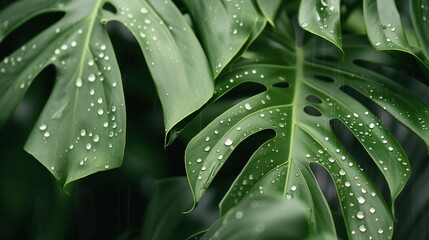 Fototapeta premium Extreme close-up of wet tropical monstera leaves, soft green blur background, rain drops, lush and vibrant composition.