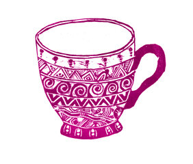 The mug is filled with various ornaments. Purple color. Isolated on white background. Linocut. Doodle. Triangles, dots, waves, spirals, etc.