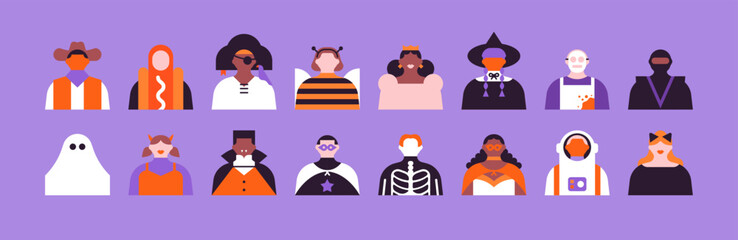 Diverse people in halloween costume illustration. Colorful october party celebration flat cartoon portrait set. Geometric style funny monster group character graphic collection.