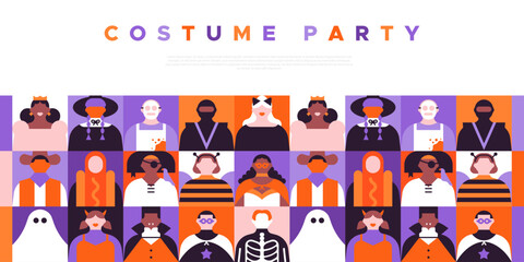 Costume party web template illustration with diverse people. Funny geometric flat cartoon character crowd online banner. Halloween event invitation, internet holiday design. 