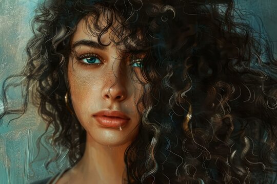 Closeup portrait of a woman with captivating eyes and voluminous curls