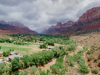 The resort town of Springdale, green trees and the mountains of Zion National Park, Utah, United States of America.