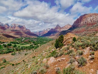 The resort town of Springdale, green trees and the mountains of Zion National Park, Utah, United States of America.