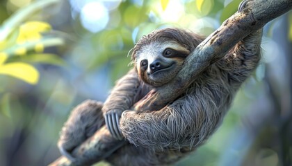 Fototapeta premium Sloth hanging lazily from a tree branch, animal