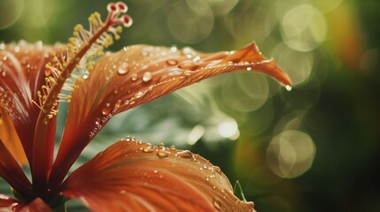 Extreme close-up of wet tropical hibiscus leaves, soft green blur background, rain drops, fresh and colorful composition.