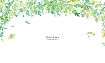  水彩画。水彩タッチの新緑ベクター背景。葉っぱが風に舞う新緑風景。緑の森とエコのイメージ。Watercolor painting. Fresh green vector background with watercolor touch. Fresh green landscape with leaves dancing in the wind. Green forest and ecologica