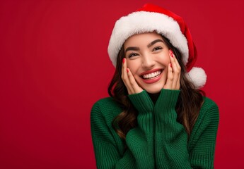 Portrait of a laughing happy woman in a green sweater and santa hat on a red background