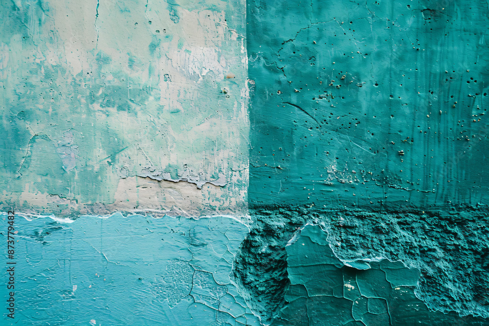 Poster abstract background in the style of teal and turquoise gradient color, texture of paint on the wall,
