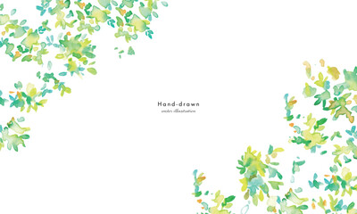  水彩画。水彩タッチの新緑ベクター背景。葉っぱが風に舞う新緑風景。緑の森とエコのイメージ。Watercolor painting. Fresh green vector background with watercolor touch. Fresh green landscape with leaves dancing in the wind. Green forest and ecologica