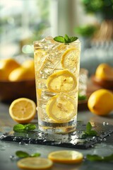 Fototapeta premium Refreshing Lemonade: A close-up shot of a tall glass of ice-cold lemonade with fresh lemon slices and mint leaves, condensation forming on the outside of the glass.