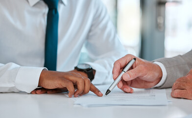Employees, paper and signature for contract in office, legal documents and application for policy....
