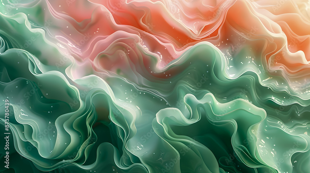 Poster serene abstract background with soft green and pink tones flowing liquid textures iridescent sheen e