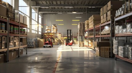 Obraz premium A busy retail warehouse is filled with neatly arranged pallets of merchandise, with forklifts moving along the aisles for efficient logistics operations.