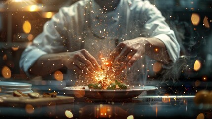 Chef Finishing Dish with Dramatic Flair