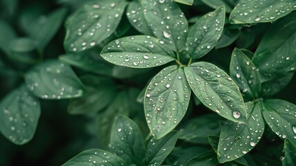 Fototapeta premium Wet flower plant leaves, soft blur background, rain drops, still life photo.