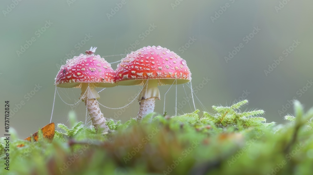 Wall mural A macro shot of a dewcovered spiderweb spun between two glowing mushrooms with tiny fairies using the web as a shimmering bridge highlighting the intricate beauty of nature and imagination