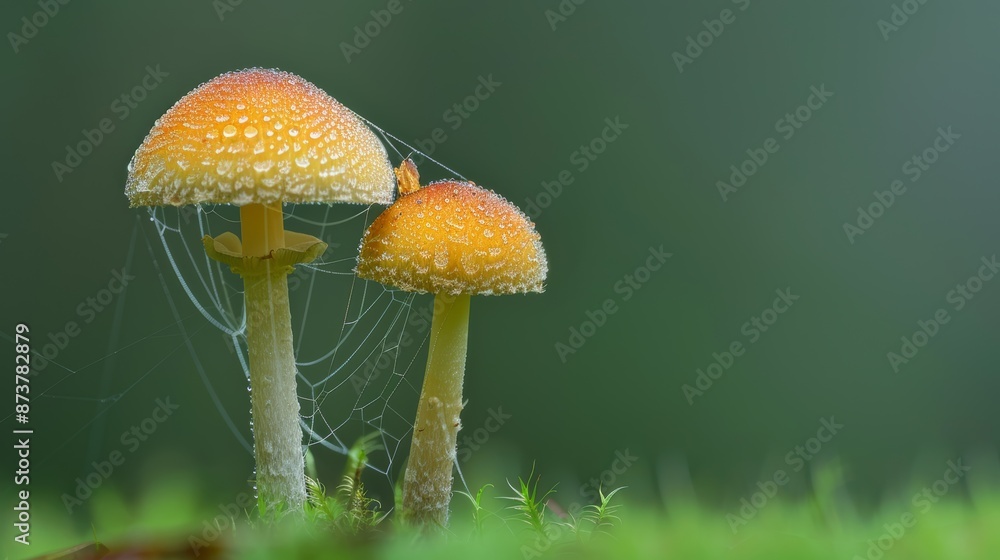 Wall mural a macro shot of a dewcovered spiderweb spun between two glowing mushrooms with tiny fairies using th