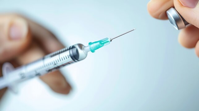 An insulin injection process, hand holding syringe, isolated on white background, diabetes treatment, medical procedure