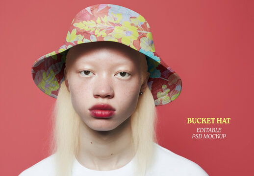 Albinism Woman Wearing Bucket Hat Mockup With Generative AI