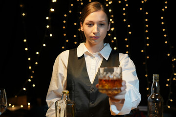 Bartender Serve beer, on wood bar,