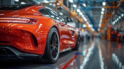 Fototapeta premium The back of a red shiny luxury car stands in a finished goods warehouse