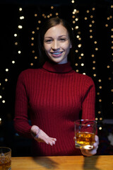 Bartender Serve beer, on wood bar,