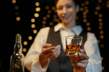 Bartender Serve beer, on wood bar,