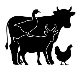 Fototapeta premium Farm animals and birds. Cow, goat, goose and chicken.