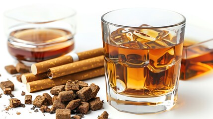 Cigarettes and alcohol, isolated on white background, A cholesterol risk factors, Health awareness and lifestyle impact.