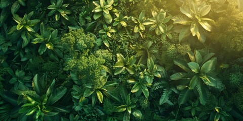 aerial view of a lush rainforest canopy with sunlight dappling the leaves