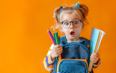 Enthusiastic young girl with pigtails and glasses, holding colored pencils and notebooks, expressing surprise on bright orange background, ready for school