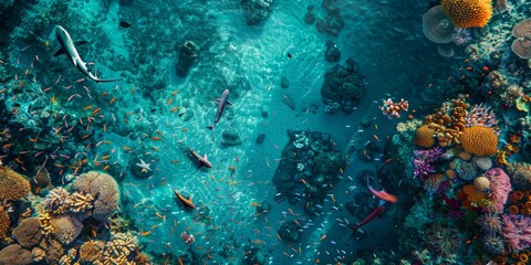 Obraz premium aerial view of a vibrant coral reef teeming with fish and a school of sharks swimming in the distance