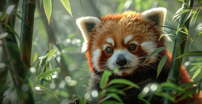 Red panda climbing in a bamboo forest, animal, cute and agile