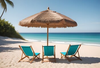 A wooden beach umbrella and two lounge chairs on a sandy beach with a calm, turquoise ocean in the background


