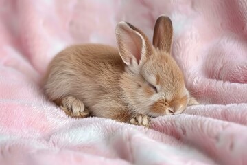 Naklejka premium Cute rabbit naps serenely on a soft pink fabric background, evoking calm and tenderness