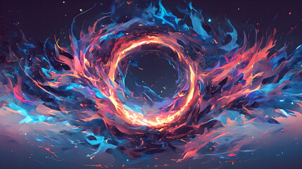 Striking digital artwork featuring a mesmerizing ring of fire transitioning from red and orange flames to blue and purple hues. The intricately intertwined flames create a sense of motion and energy, 