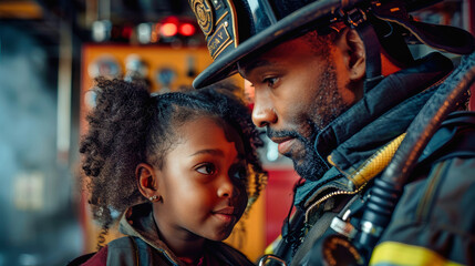 Obraz premium A firefighter, wearing his uniform, looks down at a young girl with a gentle expression