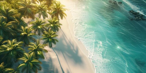 aerial view of a white sand beach lined with swaying palm trees and crystal clear water