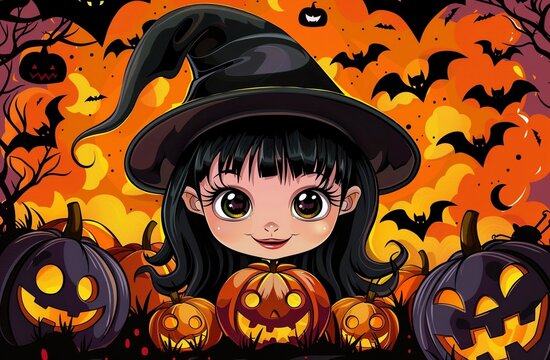 Illustrated portrait of a good witch girl with jack-o'-lanterns
