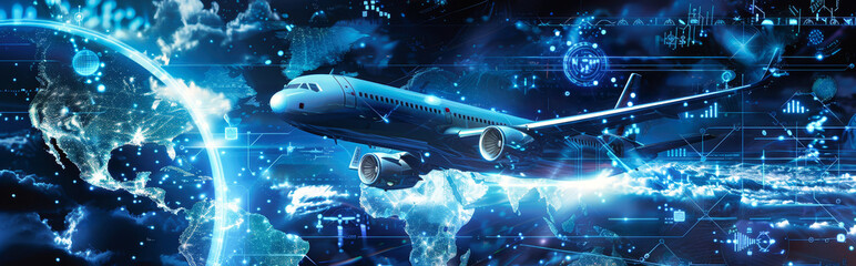 A futuristic airplane flies above a digital representation of Earth, showcasing a modern and advanced technology in air travel
