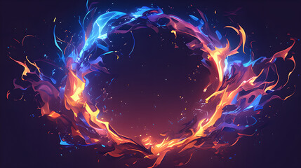 Striking digital artwork featuring a mesmerizing ring of fire transitioning from red and orange flames to blue and purple hues. The intricately intertwined flames create a sense of motion and energy, 