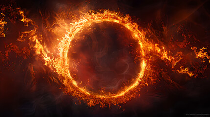 Striking digital artwork featuring a mesmerizing ring of fire composed of red and orange flames, swirling and intertwining to form a perfect circle against a dark background. The vibrant flames create