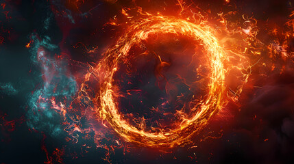 Obraz premium Striking digital artwork featuring a mesmerizing ring of fire composed of red and orange flames, swirling and intertwining to form a perfect circle against a dark background. The vibrant flames create