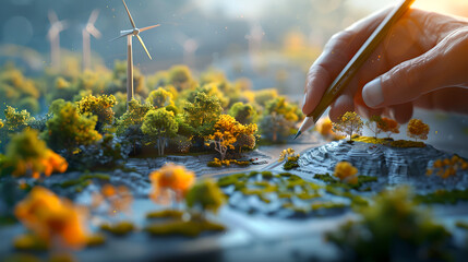 Fototapeta premium Detailed and vibrant digital artwork showcasing a close-up of a hand holding a pencil, working on an architectural drawing or landscape plan. The foreground is filled with miniature, meticulously deta