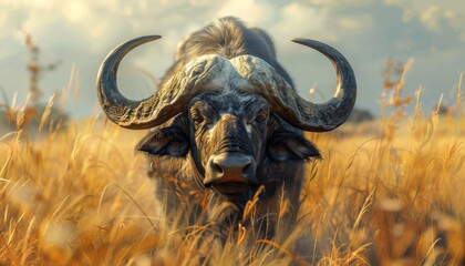 African buffalo grazing in a golden savanna animal robust and enduring