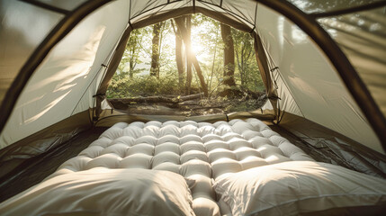 Inside a tent with an inflatable mattress and pillows, the sunlight streams through the mesh window, illuminating the green forest outside