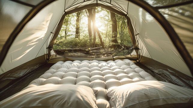 Inside a tent with an inflatable mattress and pillows, the sunlight streams through the mesh window, illuminating the green forest outside