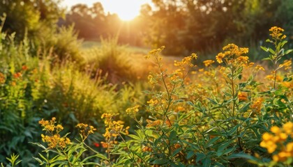 Obraz premium Golden Flowers in a Meadow at Sunset.